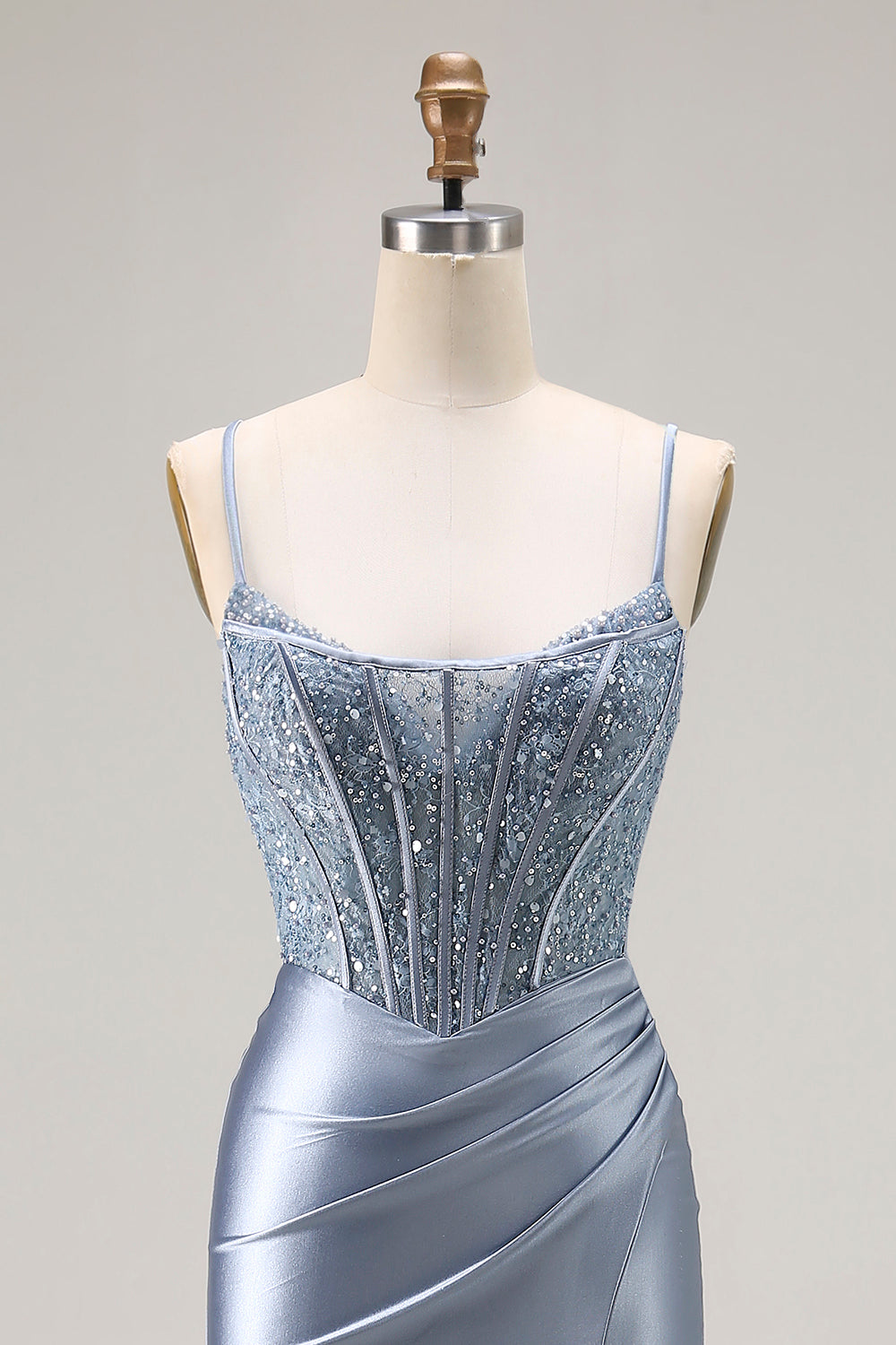 Sparkly Grey Blue Mermaid Corset Long Prom Dress with Beading
