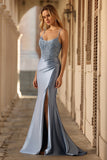 Sparkly Grey Blue Mermaid Long Corset Prom Dress with Beading