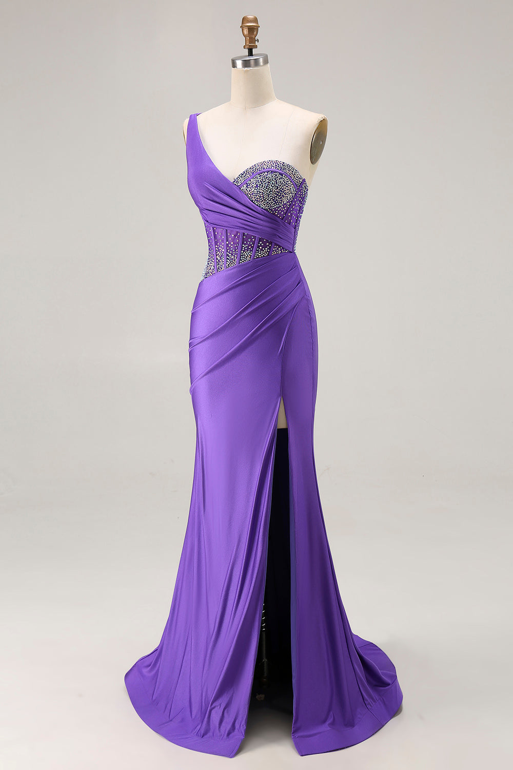 Sparkly Dark Purple One Shoulder Corset Long Prom Dress with Beading