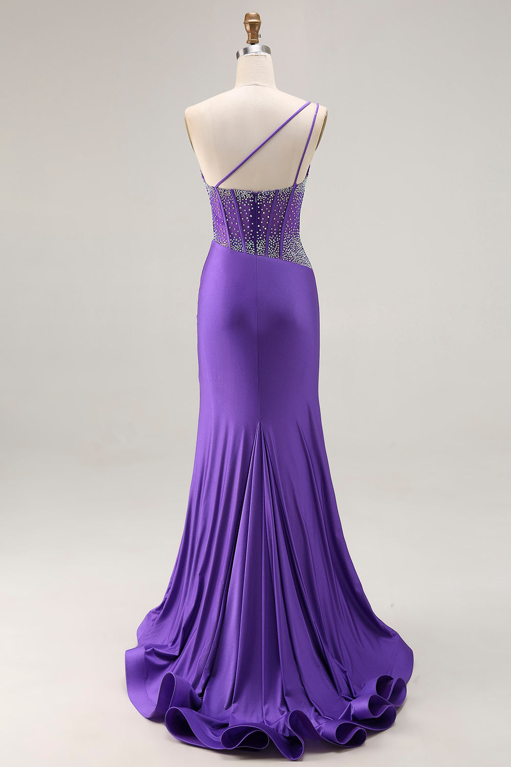 Sparkly Dark Purple One Shoulder Corset Long Prom Dress with Beading