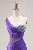 Sparkly Dark Purple One Shoulder Corset Long Prom Dress with Beading