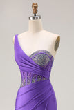 Sparkly Dark Purple One Shoulder Corset Long Prom Dress with Beading