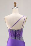 Sparkly Dark Purple One Shoulder Corset Long Prom Dress with Beading