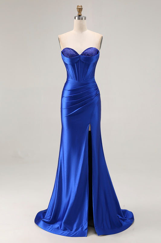 Sparkly Royal Blue Satin Mermaid Corset Long Prom Dress with Slit