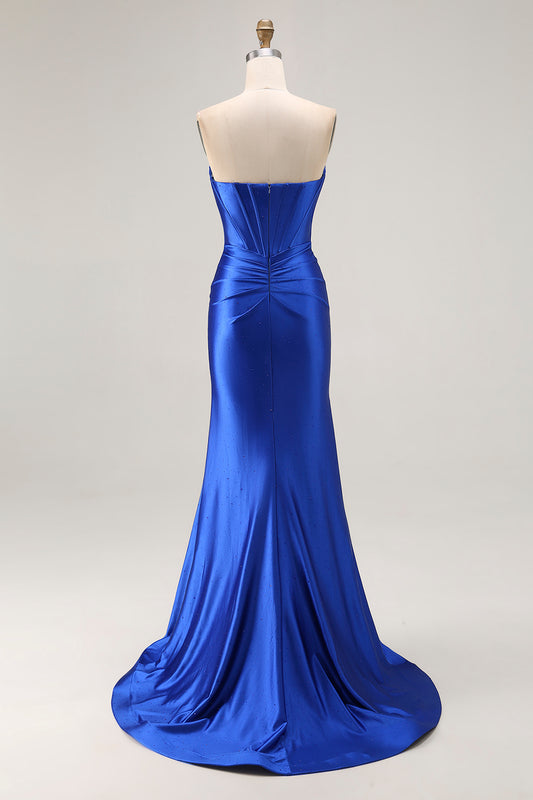 Sparkly Royal Blue Satin Mermaid Corset Long Prom Dress with Slit