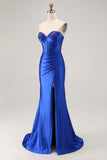 Sparkly Royal Blue Satin Mermaid Corset Long Prom Dress with Slit