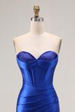 Sparkly Royal Blue Satin Mermaid Corset Long Prom Dress with Slit