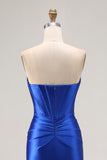 Sparkly Royal Blue Satin Mermaid Corset Long Prom Dress with Slit