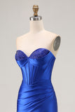 Sparkly Royal Blue Satin Mermaid Corset Long Prom Dress with Slit