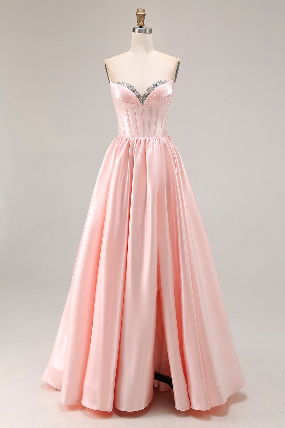 Sparkly Pink Sweetheart A Line Satin Long Prom Dress with Slit