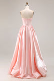 Sparkly Pink Sweetheart A Line Satin Long Prom Dress with Slit
