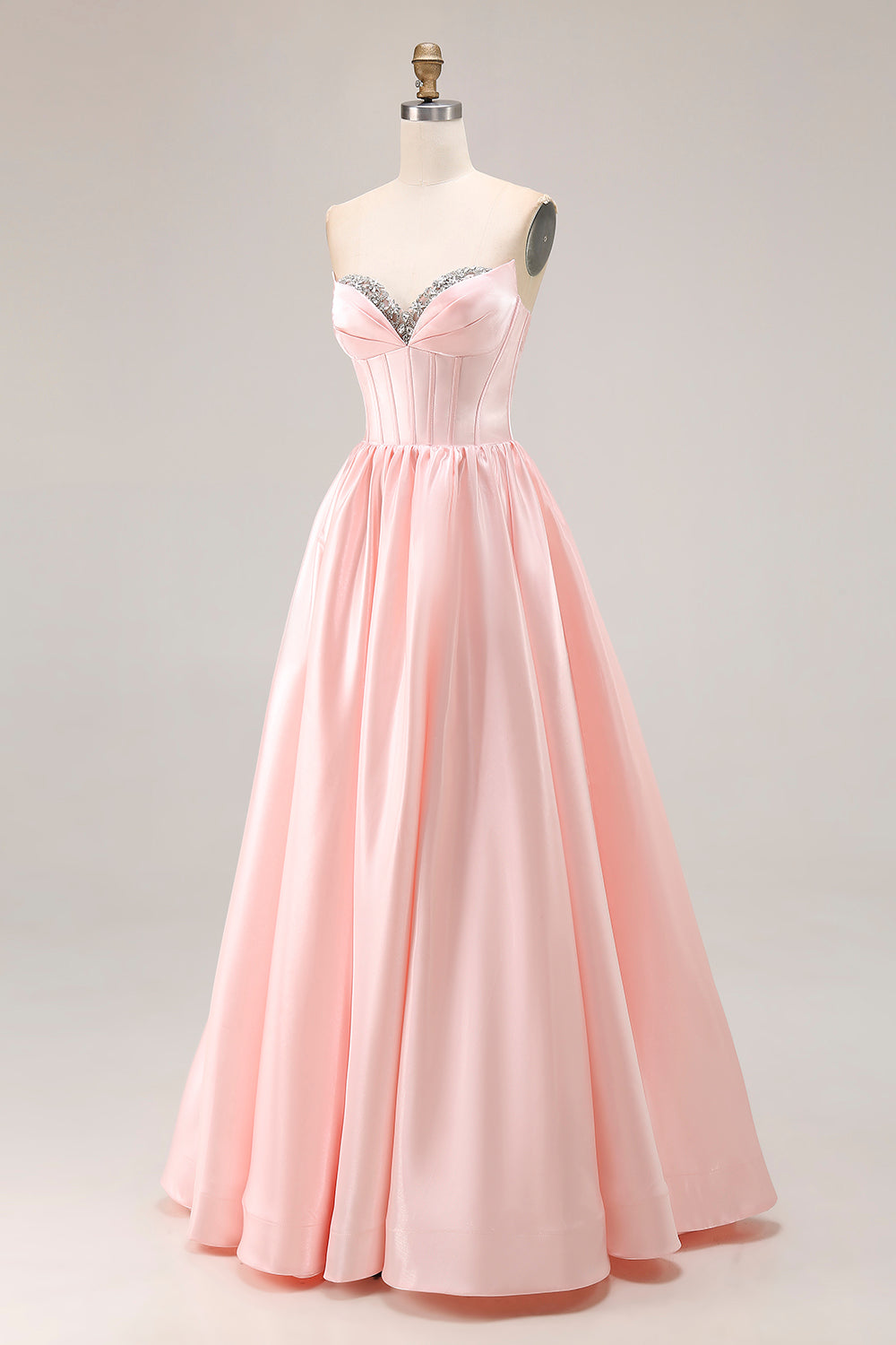 Sparkly Pink Sweetheart A Line Satin Long Prom Dress with Slit