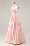 Sparkly Pink Sweetheart A Line Satin Long Prom Dress with Slit