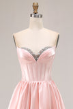 Sparkly Pink Sweetheart A Line Satin Long Prom Dress with Slit