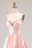 Sparkly Pink Sweetheart A Line Satin Long Prom Dress with Slit