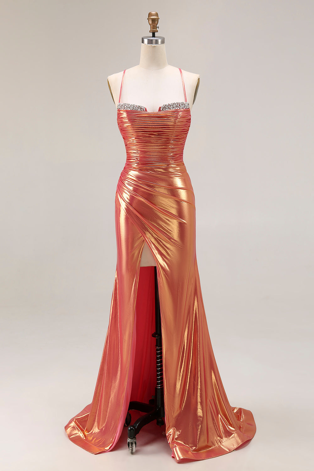 Sparkly Orange Metallic Mermaid Ruched Long Prom Dress with Slit