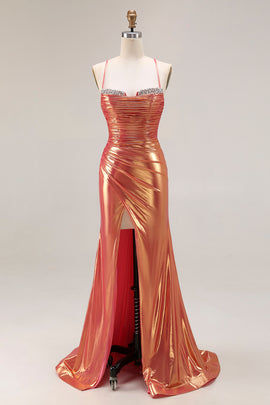 Sparkly Orange Metallic Mermaid Ruched Long Prom Dress with Slit