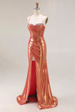 Sparkly Orange Metallic Mermaid Ruched Long Prom Dress with Slit
