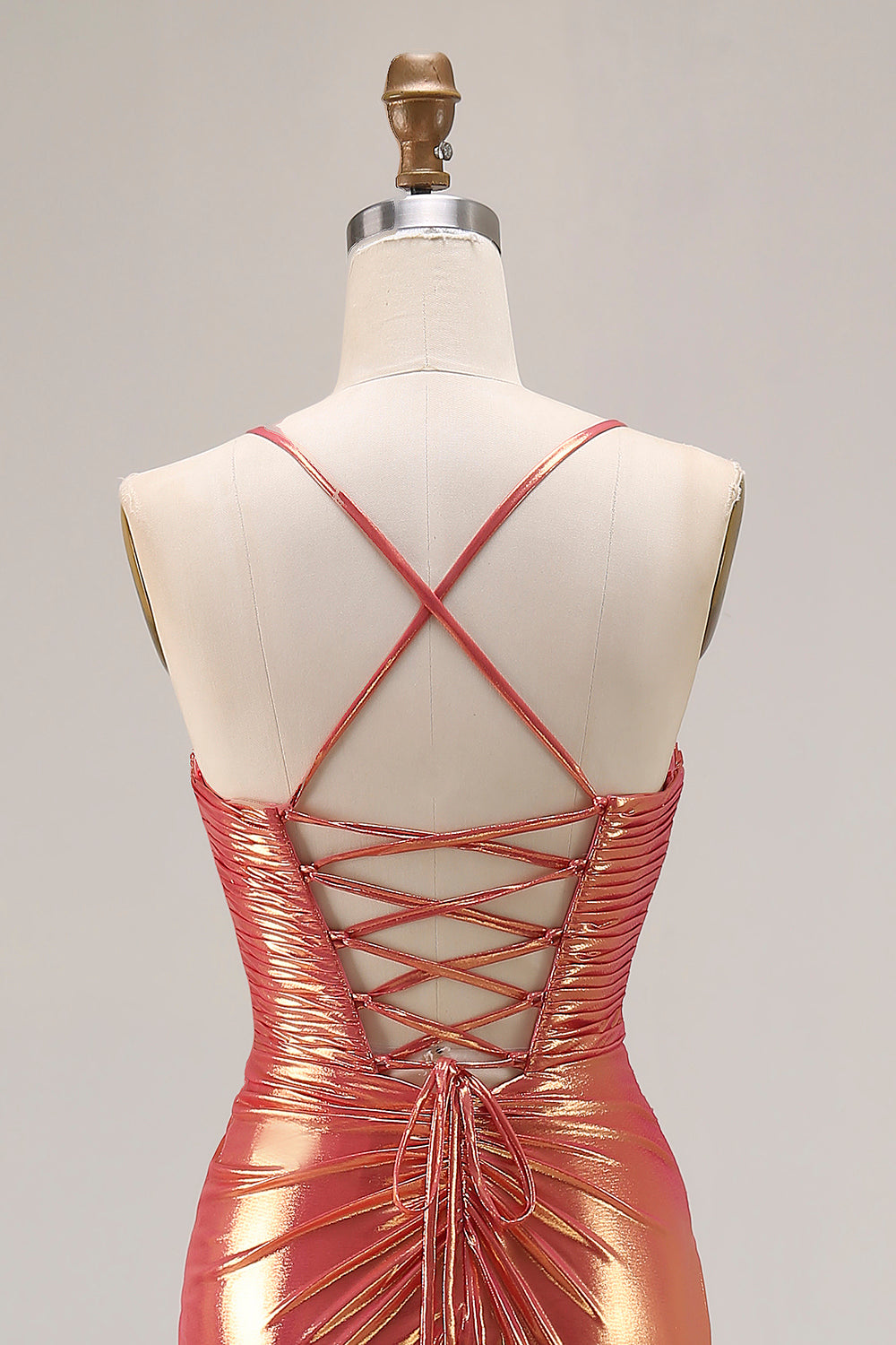 Sparkly Orange Metallic Mermaid Ruched Long Prom Dress with Slit