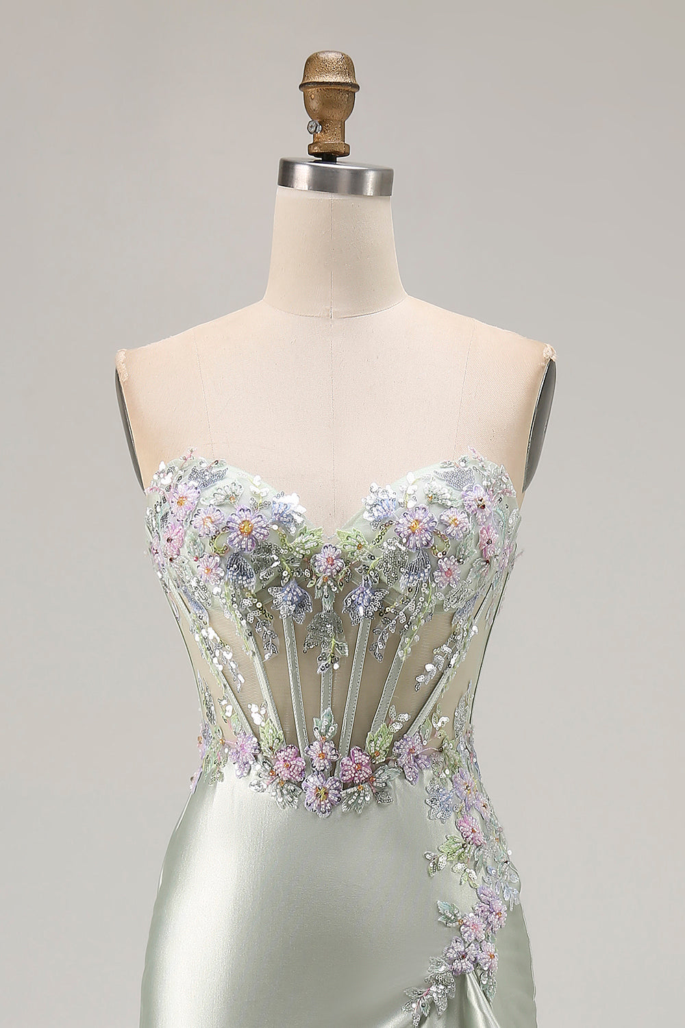 Sparkly Dusty Sage Corset Floral Sweetheart Long Prom Dress