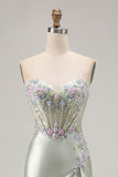 Sparkly Dusty Sage Corset Floral Sweetheart Long Prom Dress