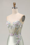 Sparkly Dusty Sage Corset Floral Sweetheart Long Prom Dress