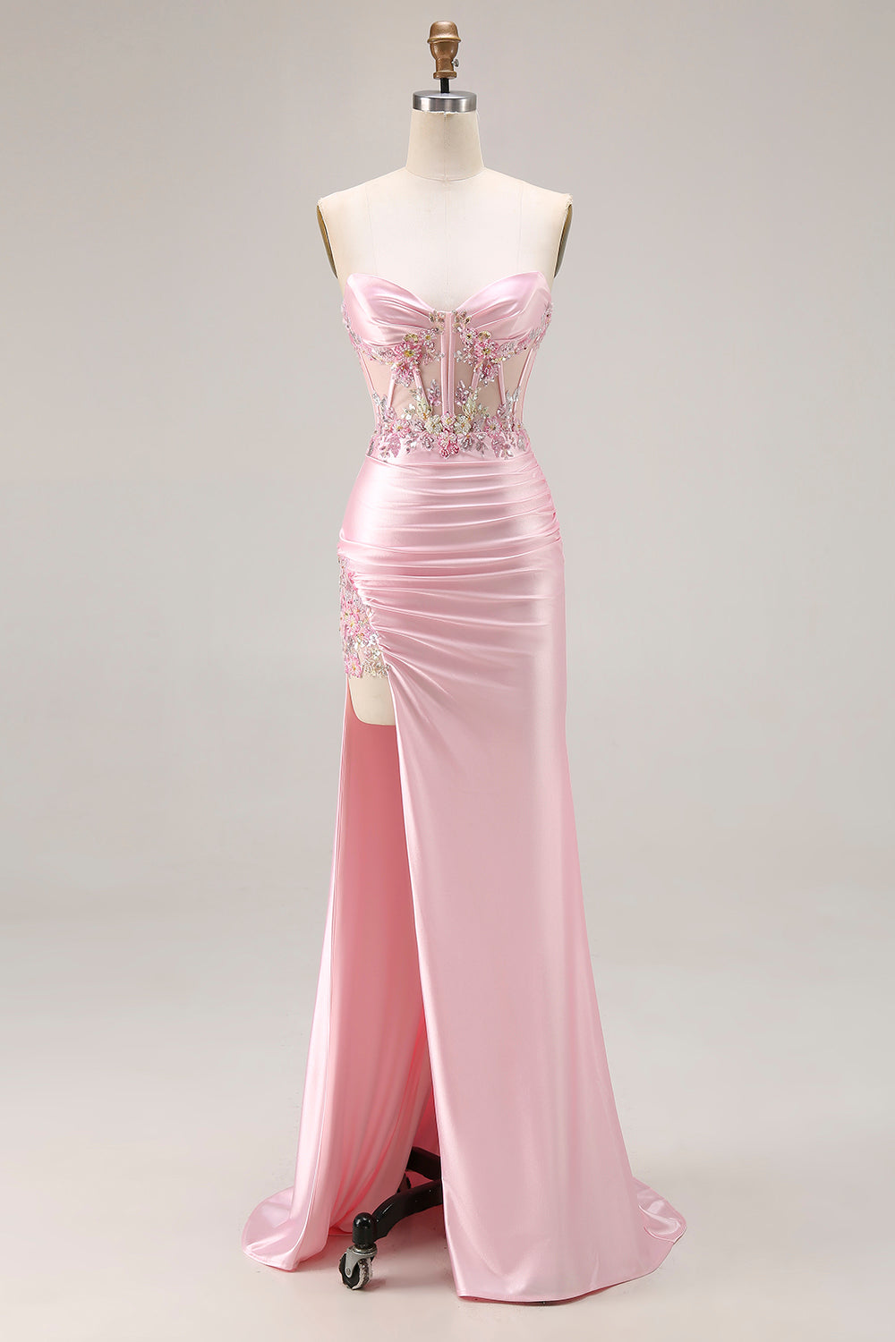 Sparkly Pink Corset Strapless Floral Long Prom Dress with Slit