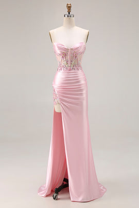 Sparkly Pink Corset Strapless Floral Long Prom Dress with Slit