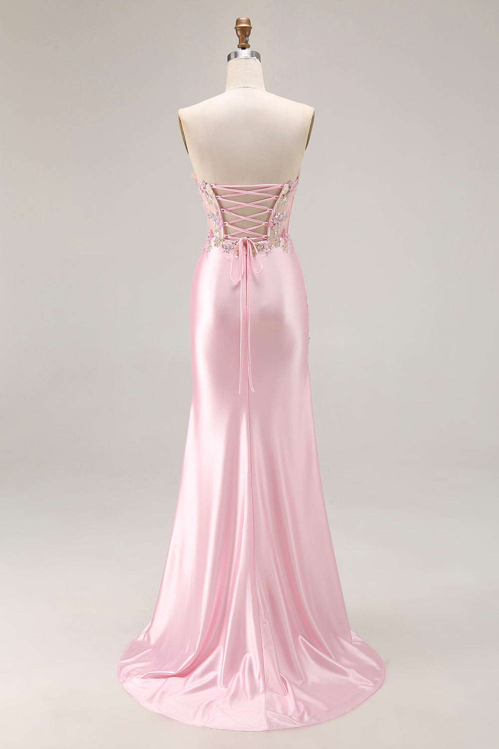 Sparkly Pink Corset Strapless Floral Long Prom Dress with Slit
