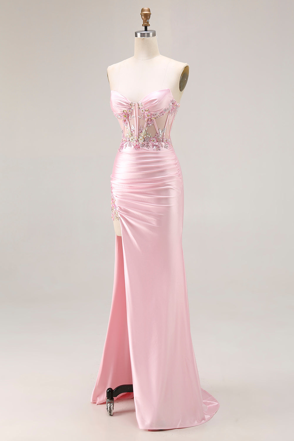 Sparkly Pink Corset Strapless Floral Long Prom Dress with Slit