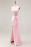 Sparkly Pink Corset Strapless Floral Long Prom Dress with Slit