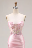 Sparkly Pink Corset Strapless Floral Long Prom Dress with Slit