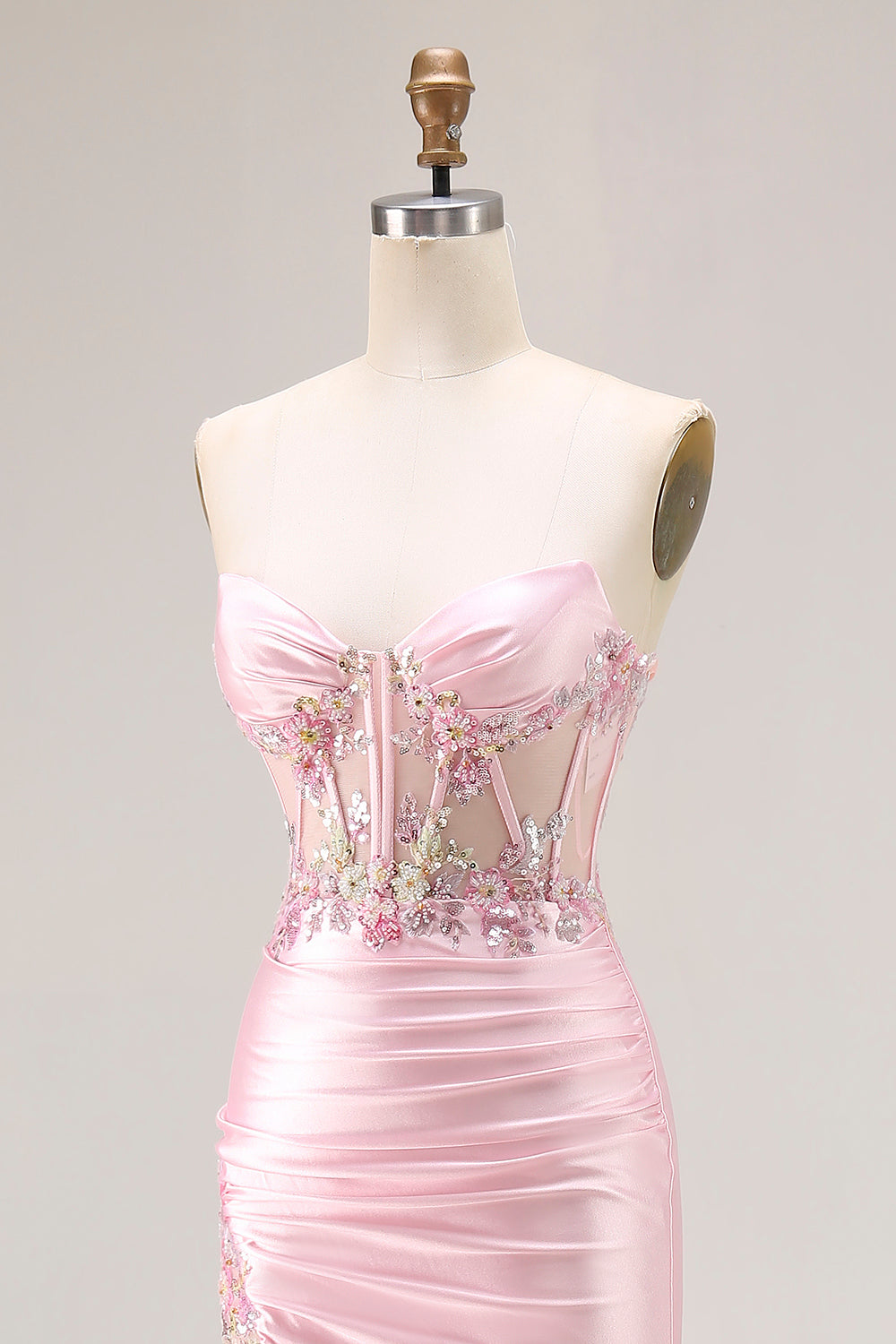 Sparkly Pink Corset Strapless Floral Long Prom Dress with Slit