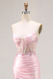Sparkly Pink Corset Strapless Floral Long Prom Dress with Slit