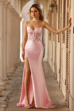 Sparkly Pink Corset Strapless Floral Long Prom Dress with Slit