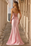 Sparkly Pink Corset Strapless Floral Long Prom Dress with Slit