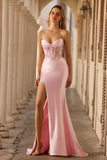 Sparkly Pink Floral Strapless Long Corset Prom Dress with Slit