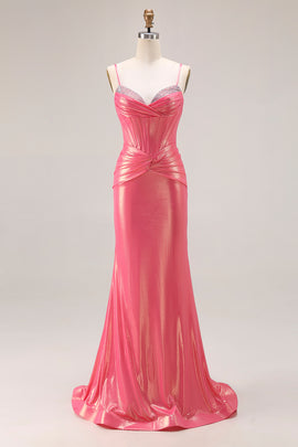 Sparkly Watermelon Corset Metallic Long Prom Dress with Beading