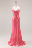 Sparkly Watermelon Corset Metallic Long Prom Dress with Beading