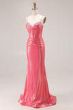 Sparkly Watermelon Corset Metallic Long Prom Dress with Beading