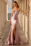 Sparkly Dusty Rose Beaded Mermaid Corset Long Prom Dress with Slit