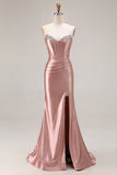 Sparkly Dusty Rose Beaded Mermaid Corset Long Prom Dress with Slit
