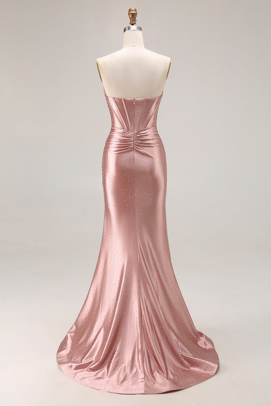 Sparkly Dusty Rose Beaded Mermaid Corset Long Prom Dress with Slit
