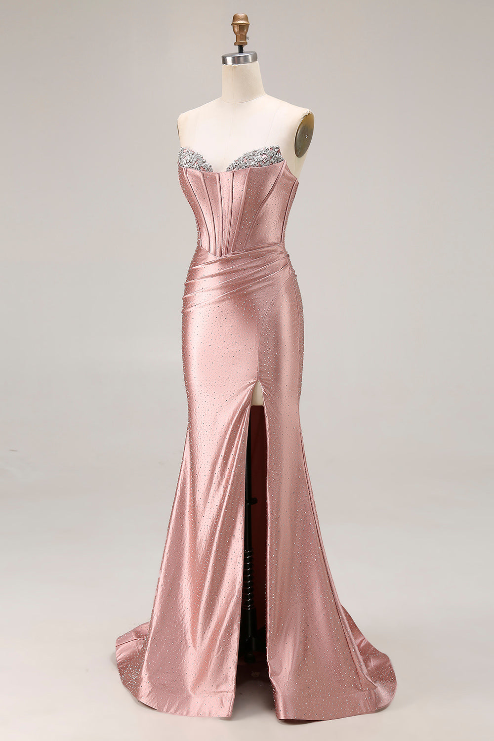 Sparkly Dusty Rose Beaded Mermaid Corset Long Prom Dress with Slit