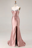 Sparkly Dusty Rose Beaded Mermaid Corset Long Prom Dress with Slit