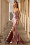 Sparkly Dusty Rose Beaded Mermaid Long Corset Prom Dress with Slit