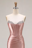 Sparkly Dusty Rose Beaded Mermaid Corset Long Prom Dress with Slit