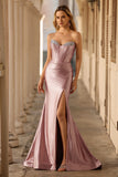 Sparkly Dusty Rose Beaded Mermaid Long Corset Prom Dress with Slit