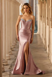 Sparkly Dusty Rose Beaded Mermaid Long Corset Prom Dress with Slit