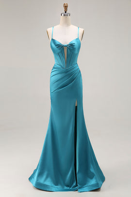 Peacock Blue Corset Satin Mermaid Long Prom Dress with Slit